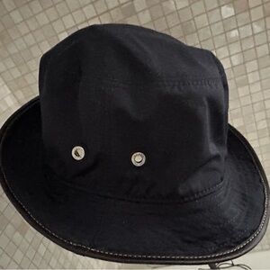 Coach Navy Bucket Hat Womens S Brown Leather Trim 100% Poly W/Grommets